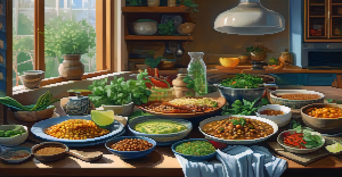 A kitchen table filled with colorful vegetarian dishes including jackfruit tacos, lentil stew, and marinated tofu stir-fry, illuminated by soft natural light.