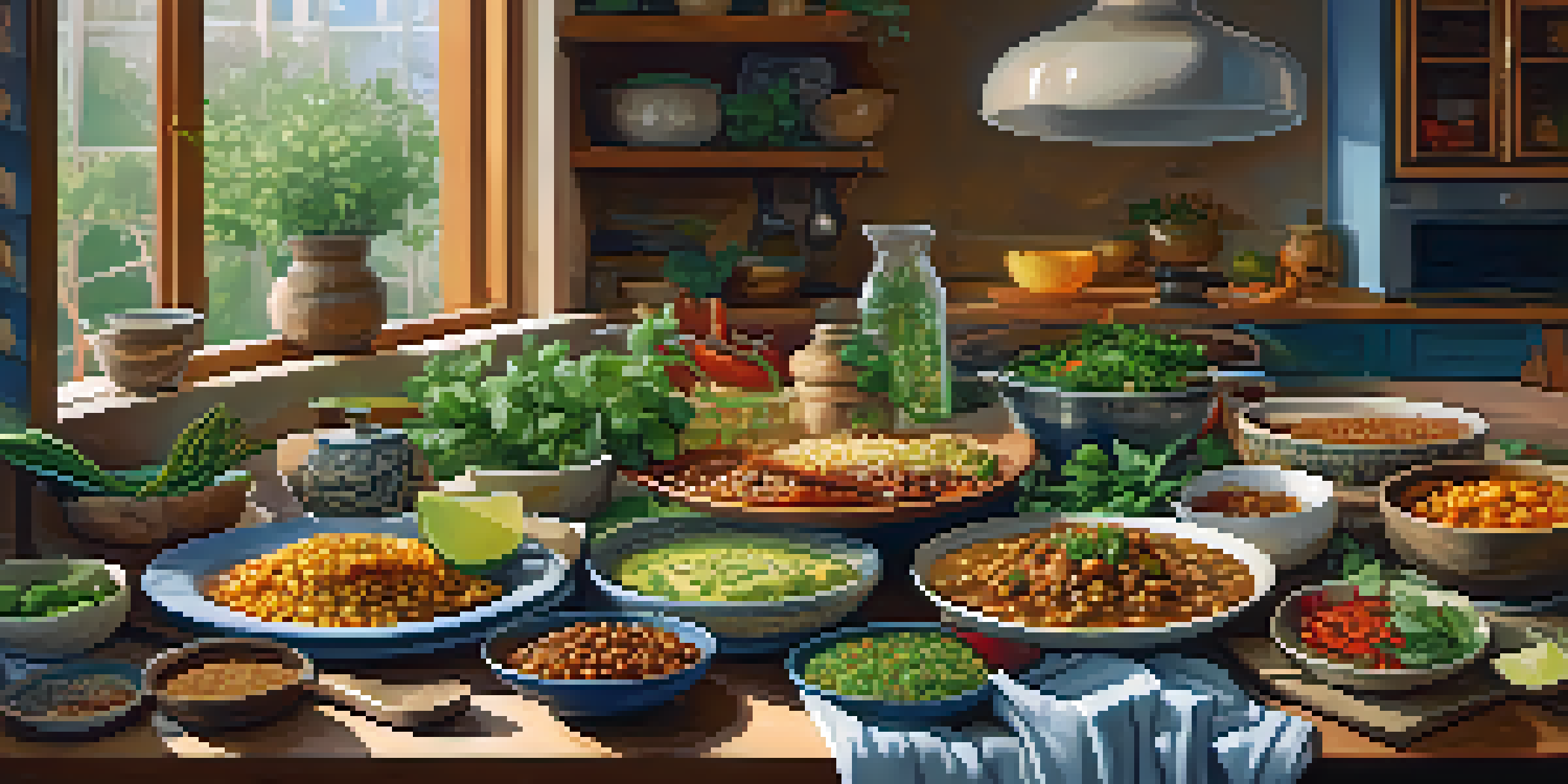 A kitchen table filled with colorful vegetarian dishes including jackfruit tacos, lentil stew, and marinated tofu stir-fry, illuminated by soft natural light.