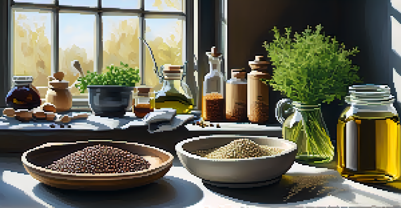A kitchen countertop displaying various organic ingredients, including grains, herbs, and oils, illuminated by natural light.