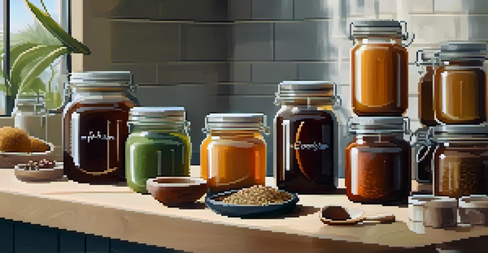 A kitchen countertop with different plant-based sweeteners in jars and fresh fruits, illuminated by warm sunlight.