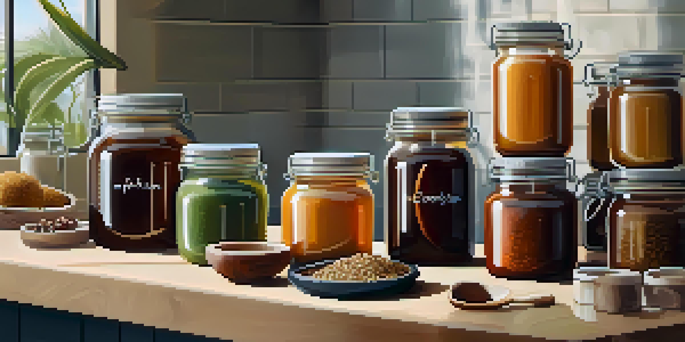 A kitchen countertop with different plant-based sweeteners in jars and fresh fruits, illuminated by warm sunlight.