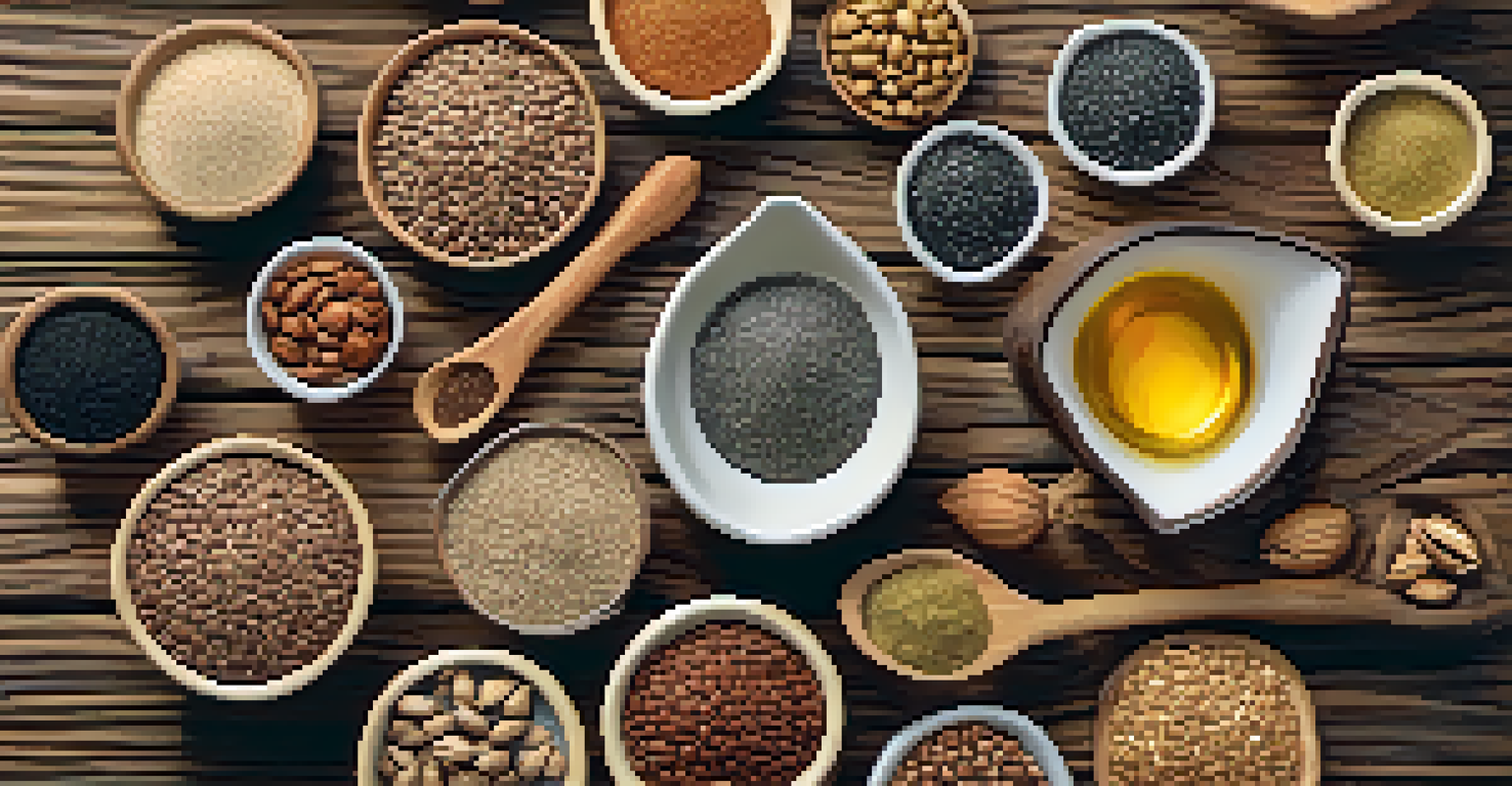 An assortment of flaxseeds, chia seeds, and walnuts arranged on a rustic wooden surface, illuminated by soft lighting.