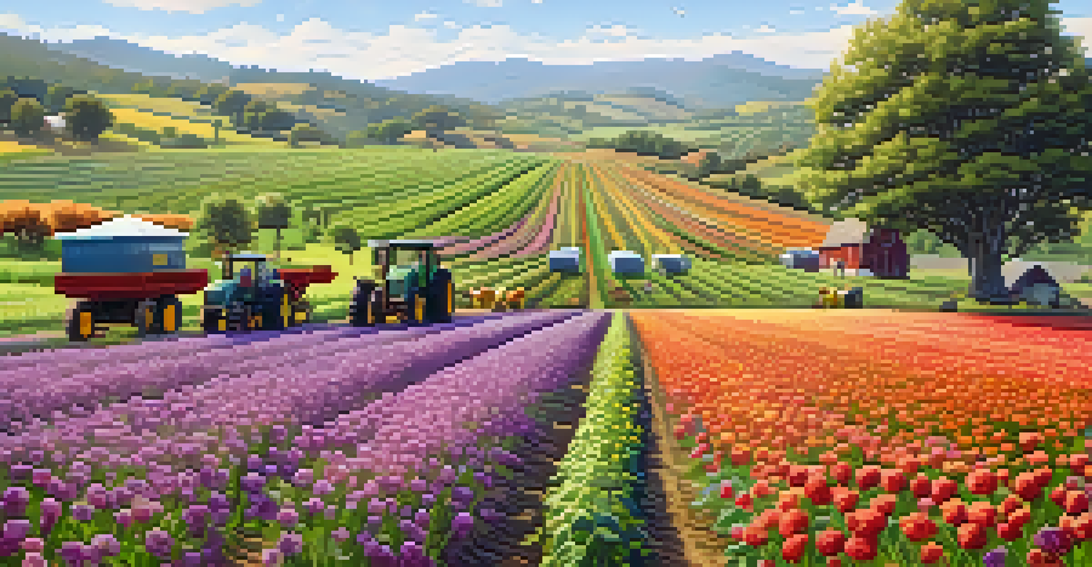 A beautiful organic farm landscape with diverse crops and farmers working in harmony with nature under a clear sky.