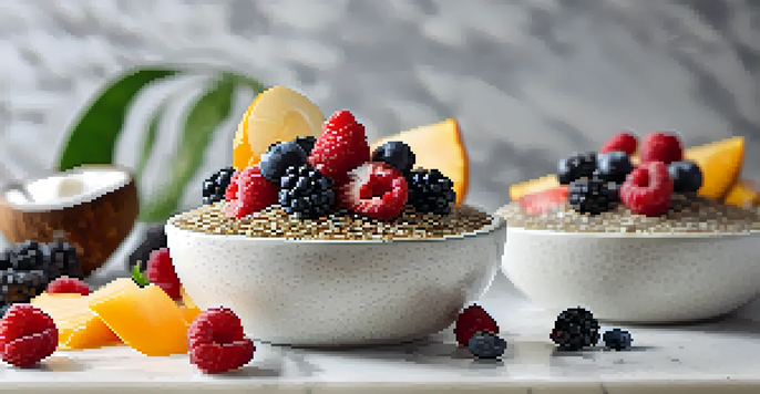 A bowl of coconut yogurt topped with chia seeds and berries on a marble surface, with a soft-focus background.
