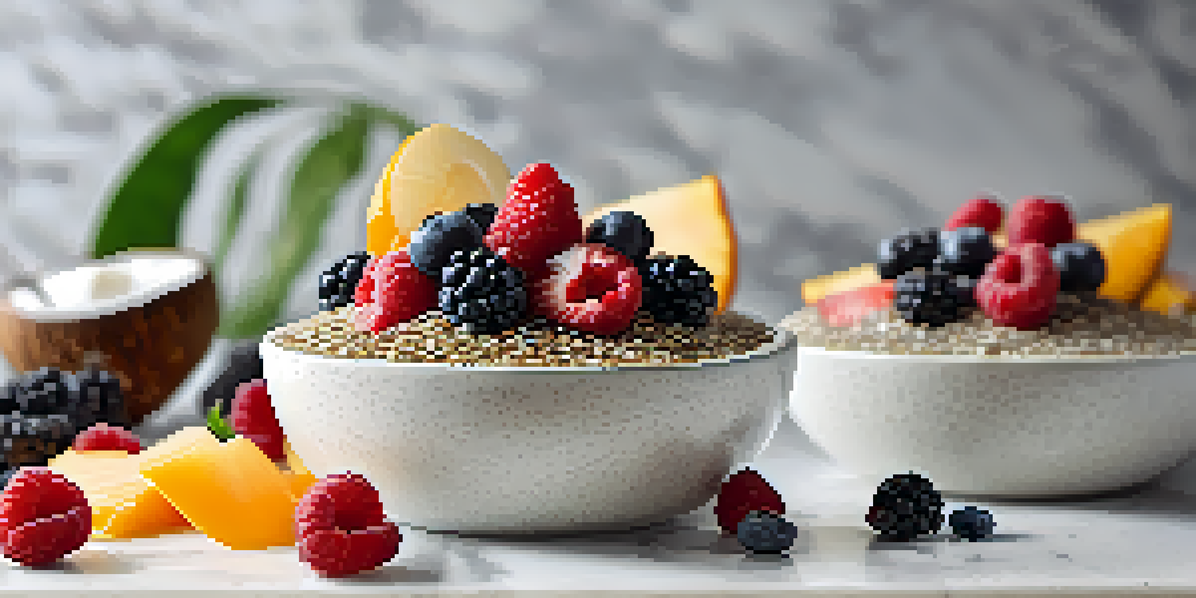 A bowl of coconut yogurt topped with chia seeds and berries on a marble surface, with a soft-focus background.
