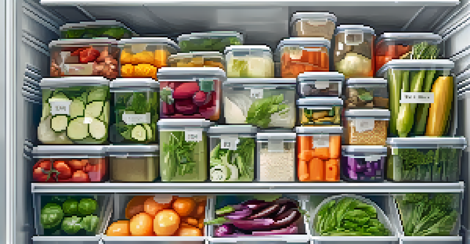 An open fridge showcasing neatly organized containers of fresh vegetables, grains, and herbs with visible labels.
