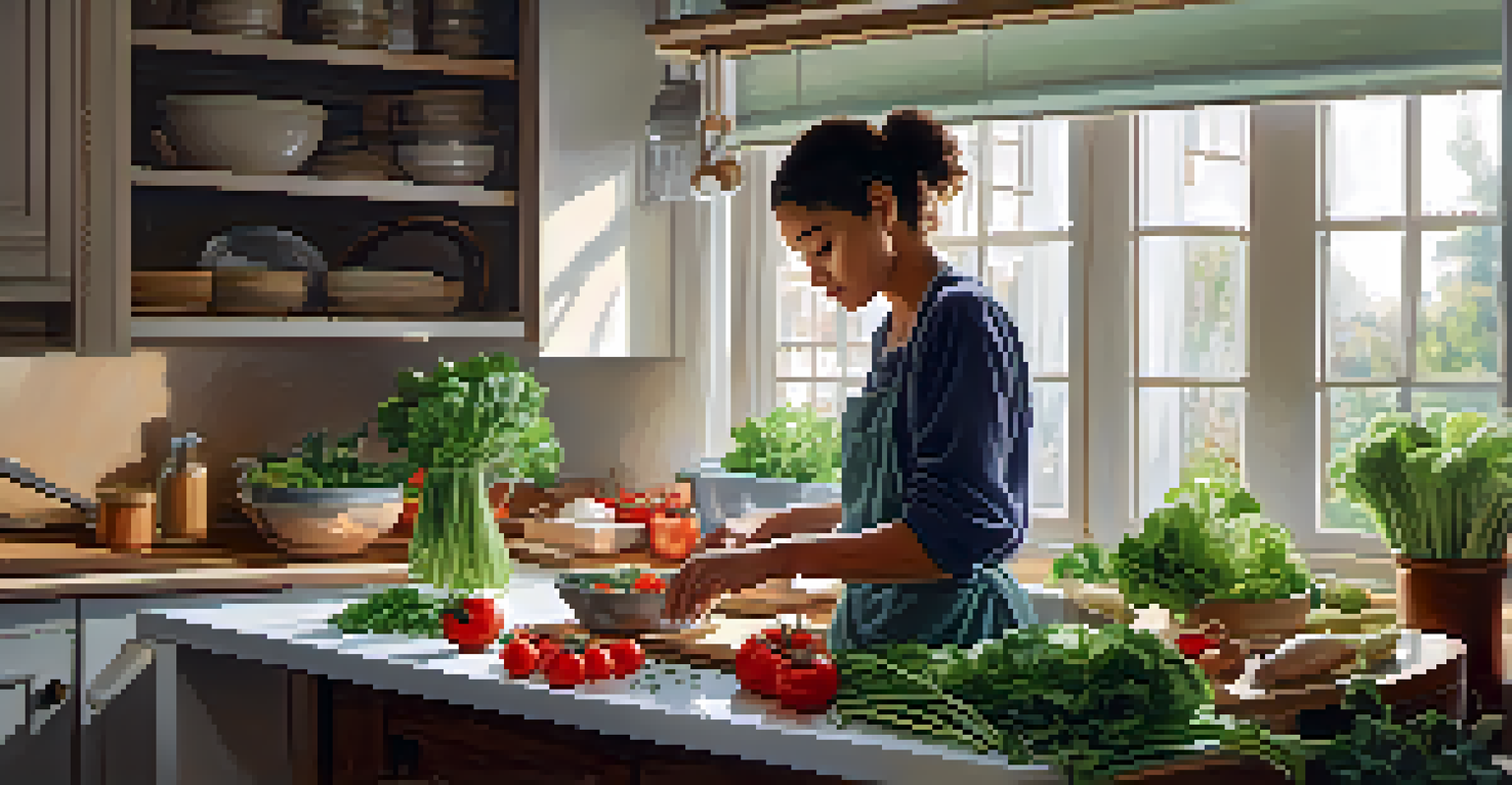 A warm kitchen with a person preparing a vegetarian meal, surrounded by fresh ingredients and bathed in soft natural light.