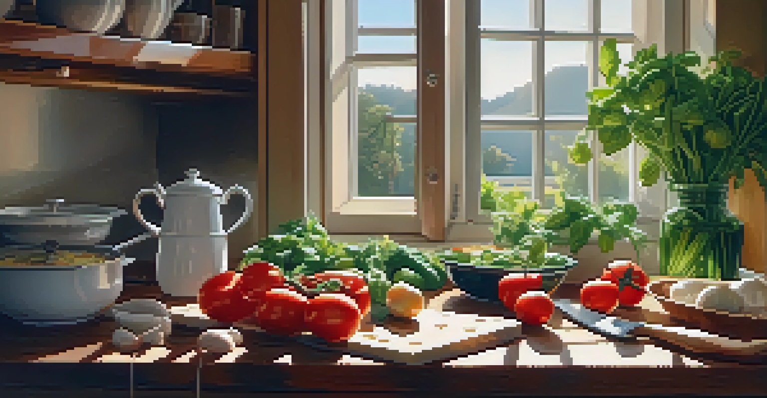 A person in a kitchen preparing a vegetarian dish with fresh ingredients on the countertop and sunlight streaming in through the window.