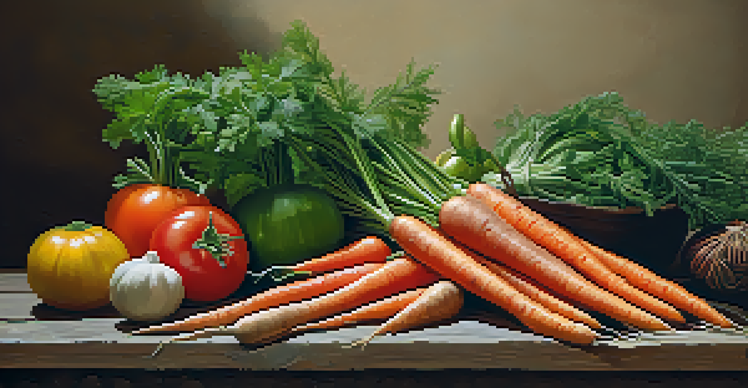 A rustic table with seasonal vegetables and spices arranged artistically, showcasing their colors.