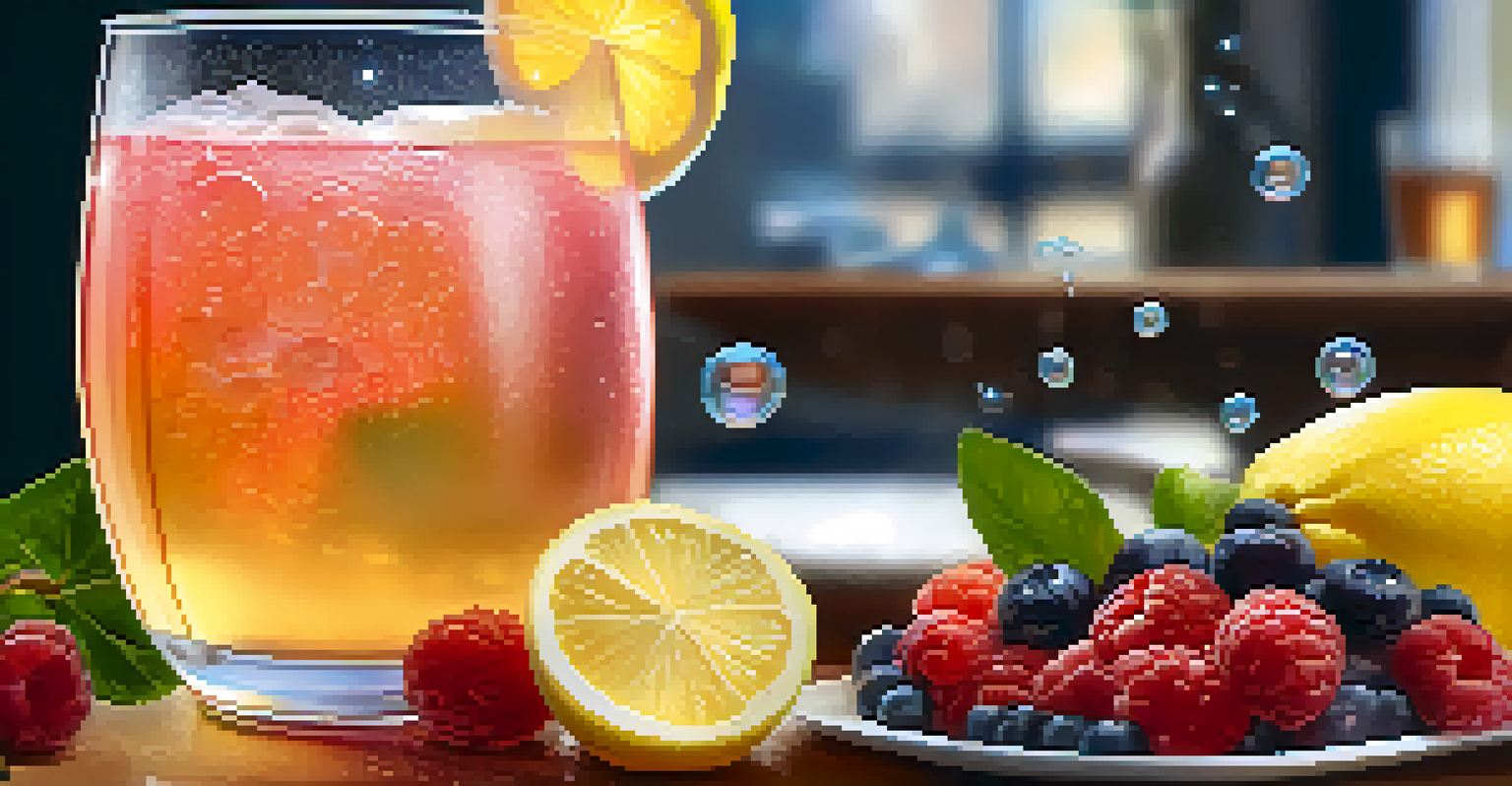 A close-up of a fizzy glass of kombucha with bubbles, decorated with fruit slices and a blurred kitchen background.