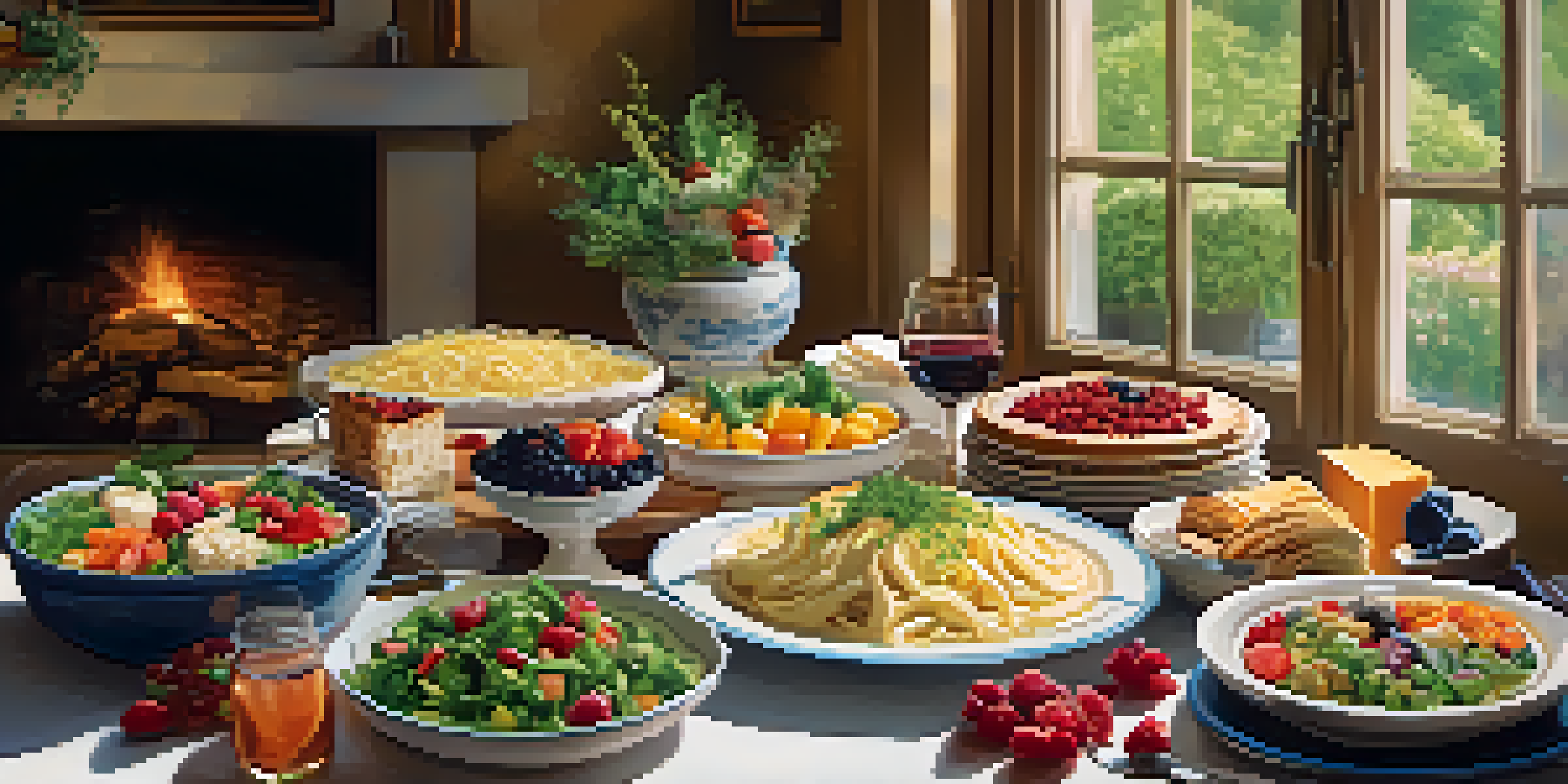 A table set with colorful vegetarian dishes, including creamy pasta, a cheese platter, and a cheesecake with berries, illuminated by natural sunlight.