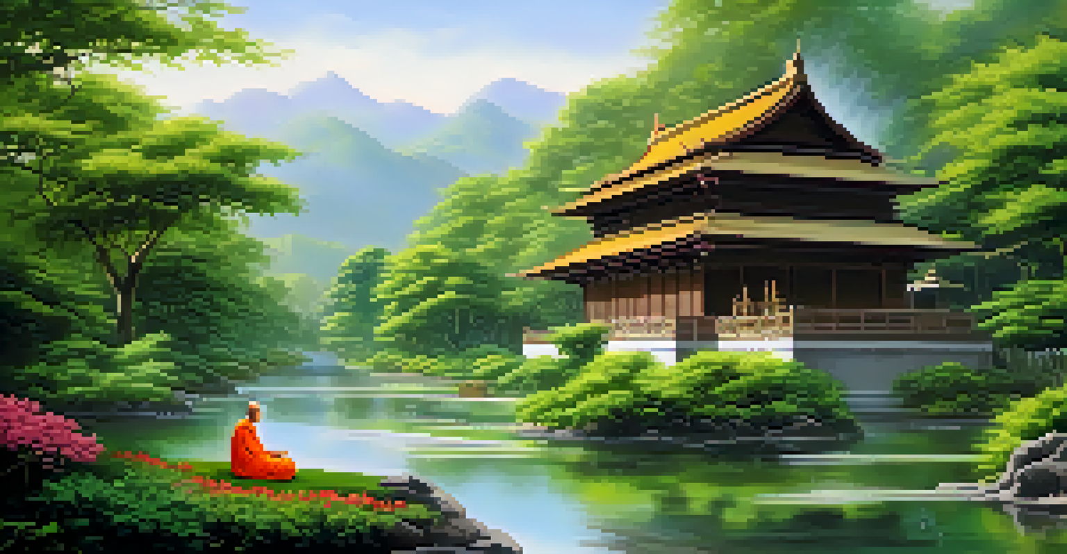 A peaceful Buddhist temple with monks meditating in a lush, green setting.