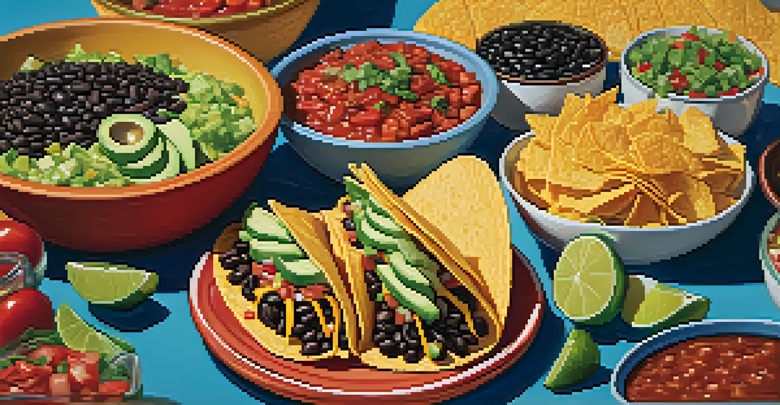 A colorful spread of vegetarian taco ingredients including black beans, corn, and avocado, with toppings in bowls, as family members prepare their tacos.
