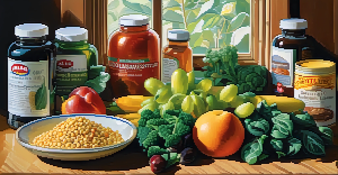 A still-life arrangement of plant-based foods including leafy greens, fruits, legumes, and breakfast cereals with a bottle of Vitamin B12 supplements in the foreground, illuminated by natural sunlight.