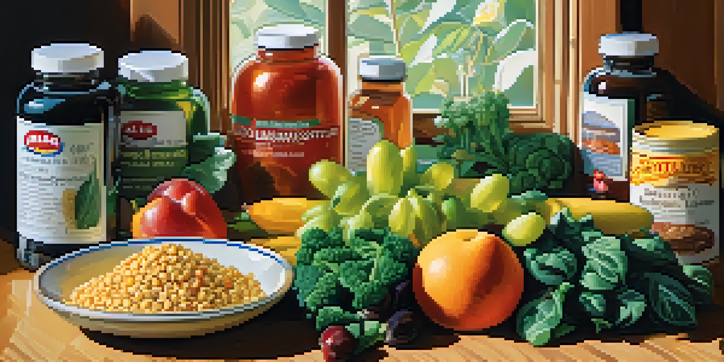 A still-life arrangement of plant-based foods including leafy greens, fruits, legumes, and breakfast cereals with a bottle of Vitamin B12 supplements in the foreground, illuminated by natural sunlight.