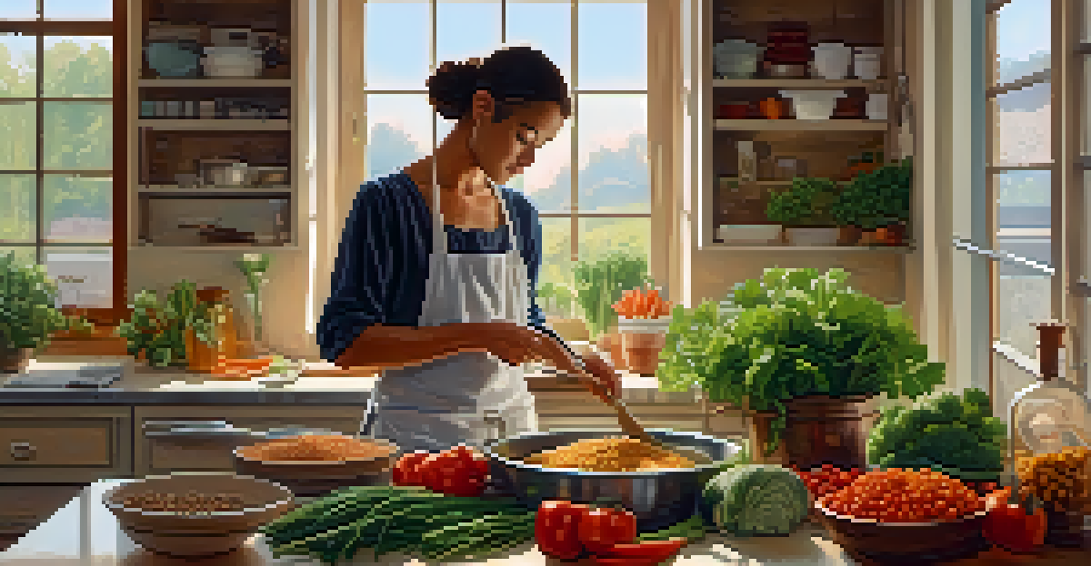 A person cooking in a cozy kitchen, surrounded by fresh vegetables and grains, preparing a plant-based meal.