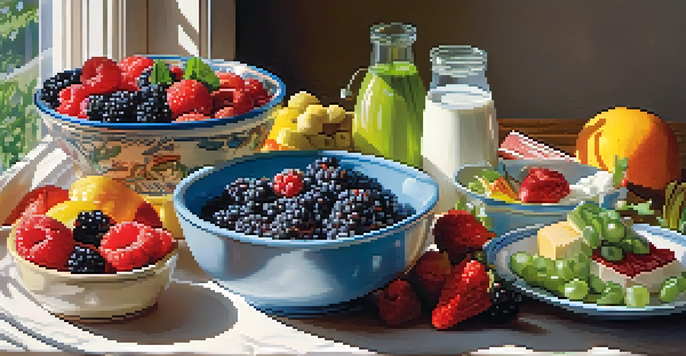 A colorful spread of a lacto-vegetarian meal with fresh fruits, vegetables, and dairy products on a wooden table, illuminated by sunlight.