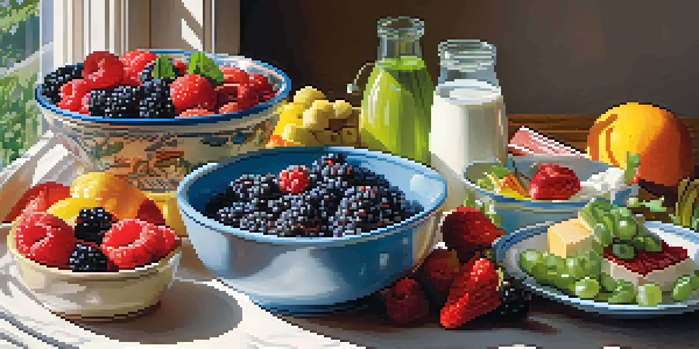 A colorful spread of a lacto-vegetarian meal with fresh fruits, vegetables, and dairy products on a wooden table, illuminated by sunlight.