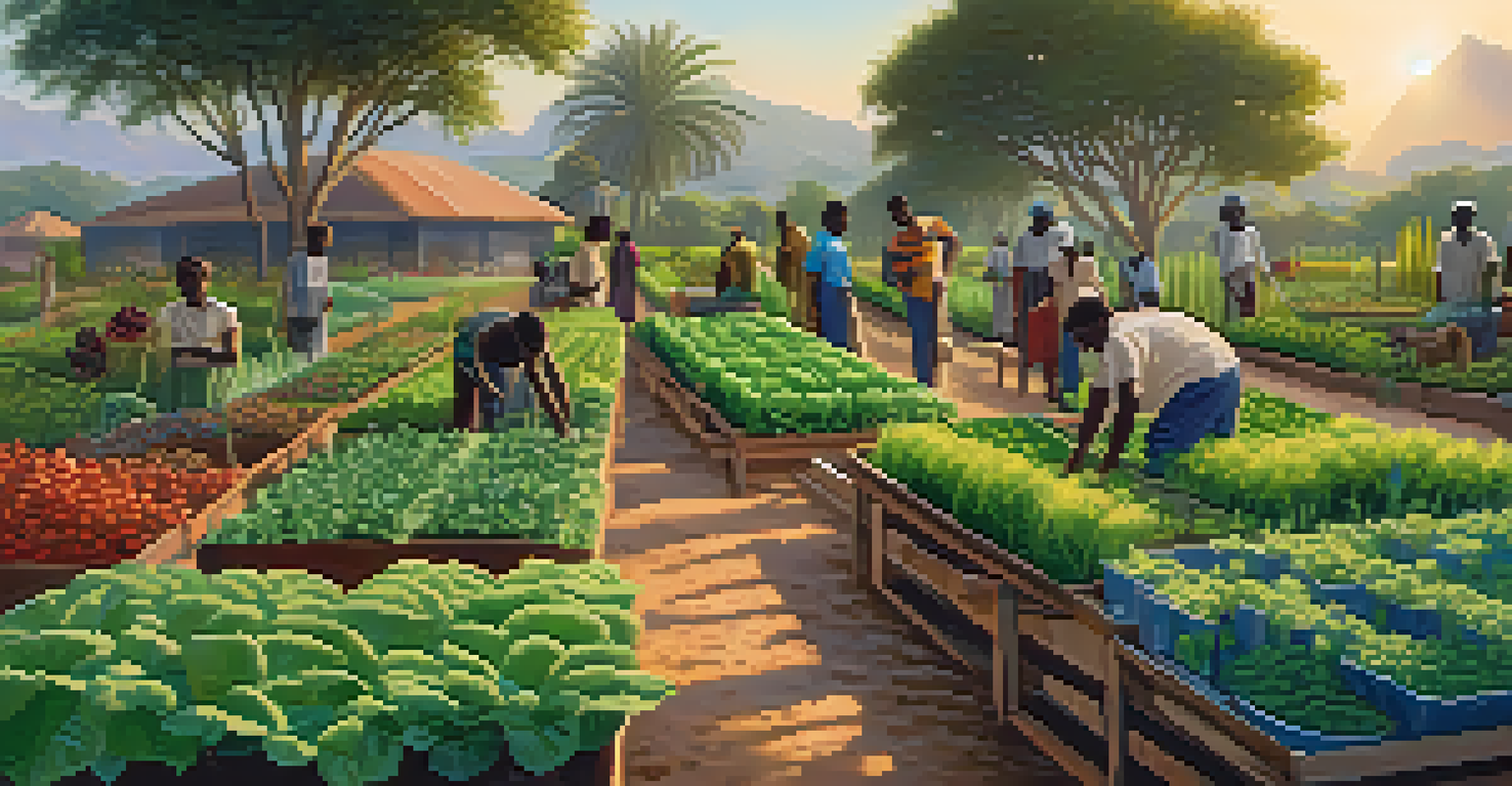 A community garden in Africa with people planting and harvesting crops in golden hour light, highlighting lush greenery.