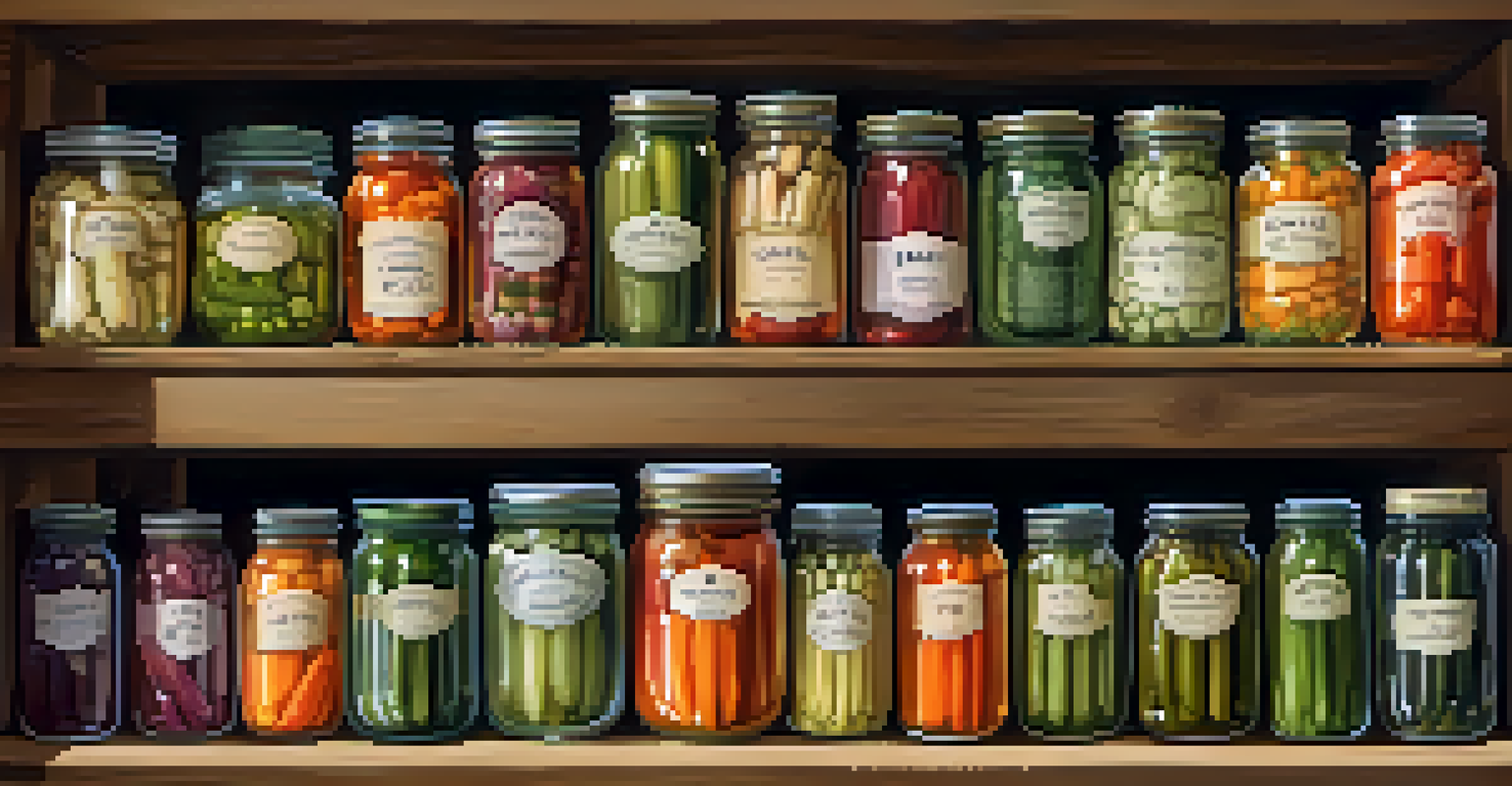 A pantry shelf displaying jars of home-canned vegetables with labels.