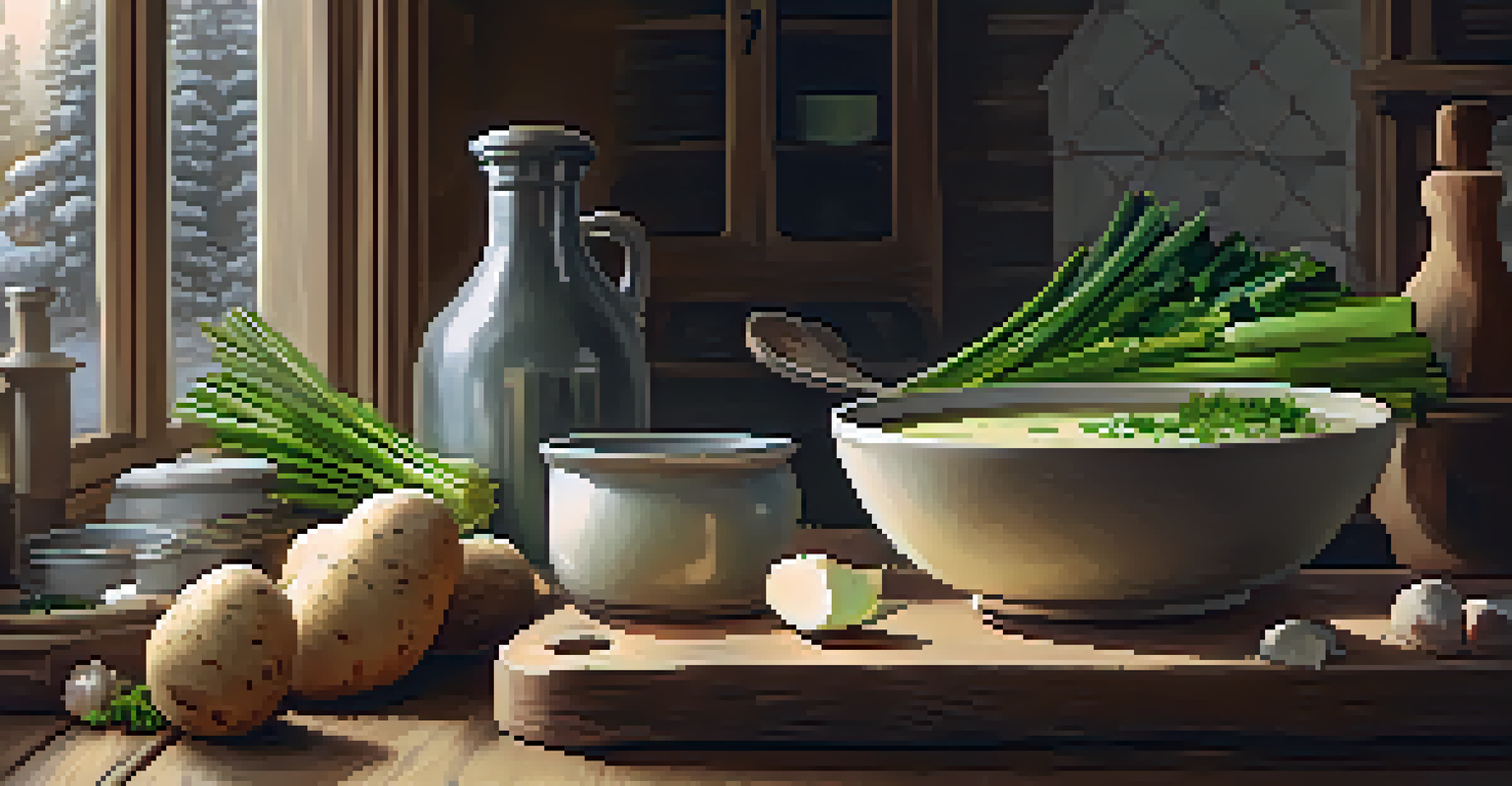 A warm kitchen with a bowl of creamy potato leek soup surrounded by fresh ingredients, illuminated by soft natural light.