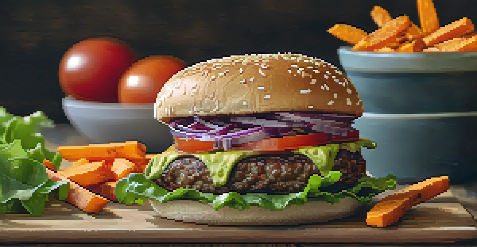 A close-up of a colorful plant-based burger with fresh ingredients and sweet potato fries on a wooden plate.