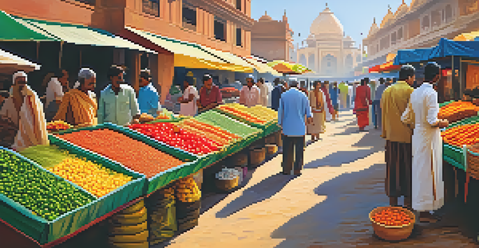 A busy Indian market filled with colorful vegetables and spices, showcasing the diversity of vegetarian cuisine.