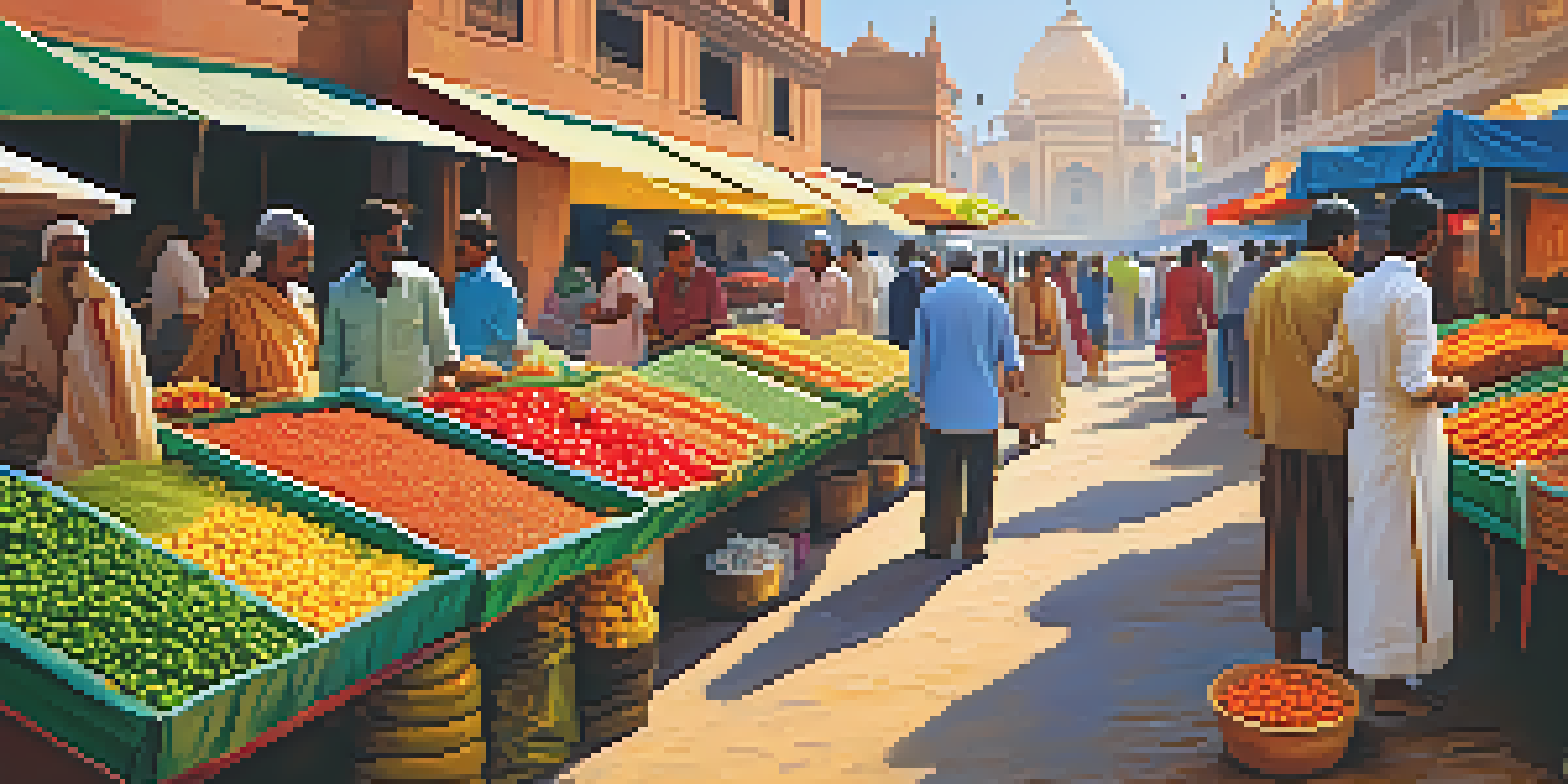 A busy Indian market filled with colorful vegetables and spices, showcasing the diversity of vegetarian cuisine.