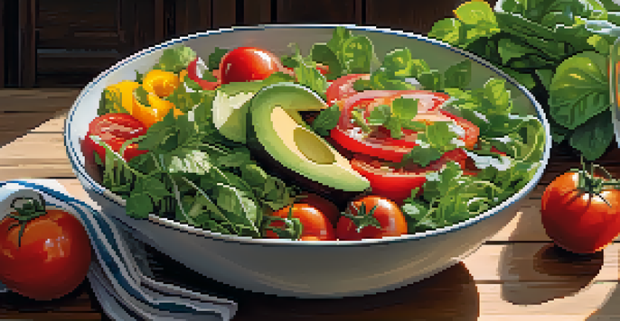 A vibrant and colorful vegetarian salad bowl filled with fresh vegetables, topped with avocado and herbs, illuminated by natural sunlight.