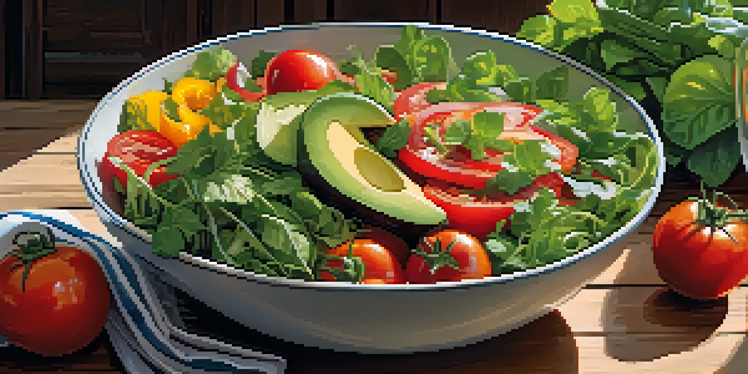 A vibrant and colorful vegetarian salad bowl filled with fresh vegetables, topped with avocado and herbs, illuminated by natural sunlight.