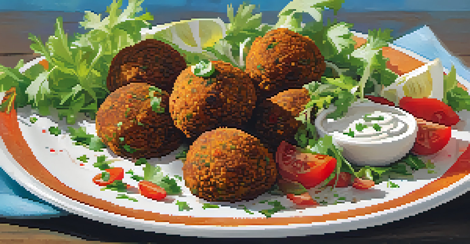 A plate of falafel with tahini sauce and fresh salad, showcasing the vibrant colors and textures of the dish.