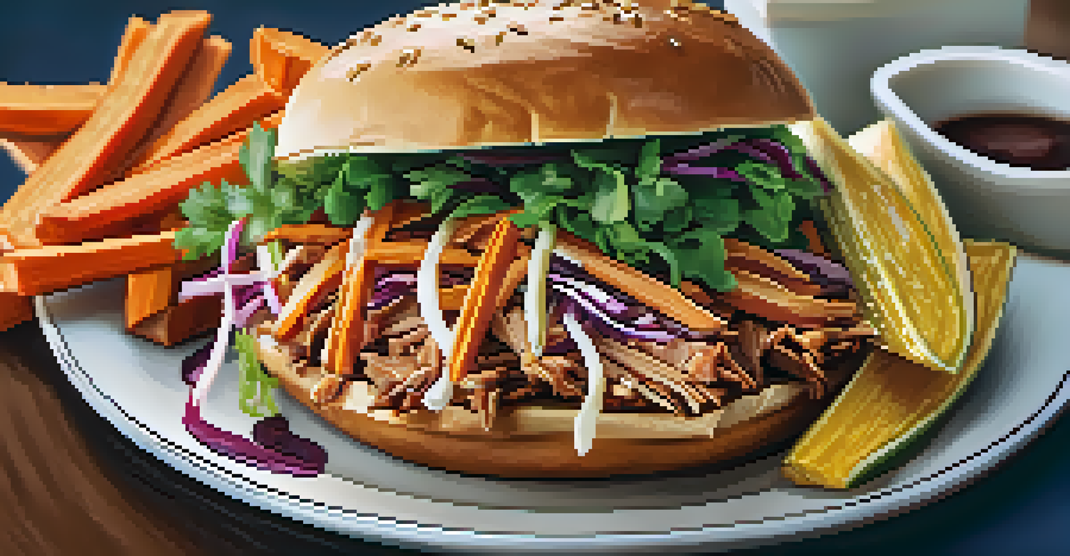 Close-up of a jackfruit pulled pork sandwich with coleslaw and sweet potato fries on a plate.