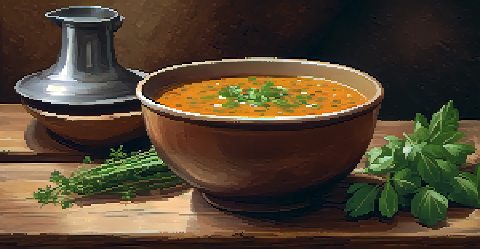 A rustic bowl of lentil soup garnished with fresh herbs, sitting on a wooden table with a side of crusty bread.