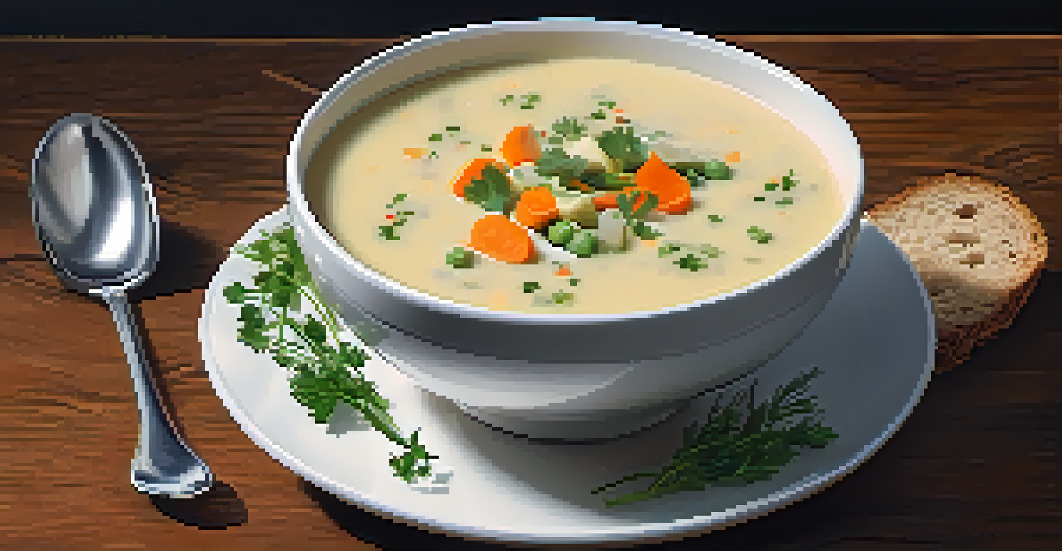 A bowl of creamy vegetable soup garnished with herbs, alongside a slice of whole grain bread.
