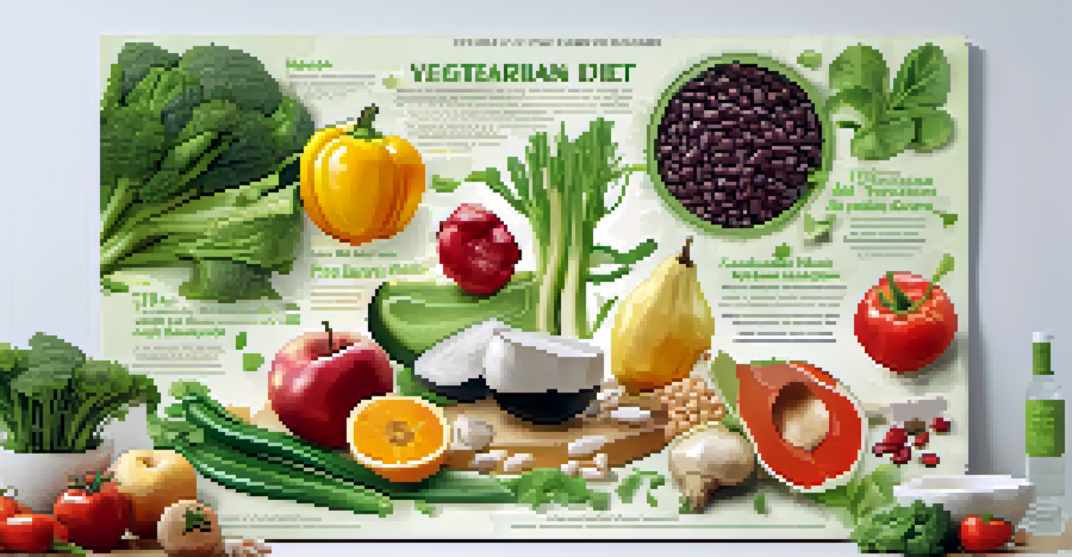An informative poster illustrating the advantages of a vegetarian diet with colorful images of plant-based foods.