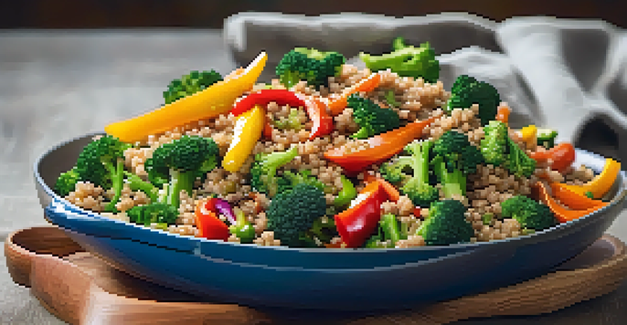 A colorful vegetarian stir-fry with bell peppers, broccoli, and carrots served over quinoa in a rustic kitchen.