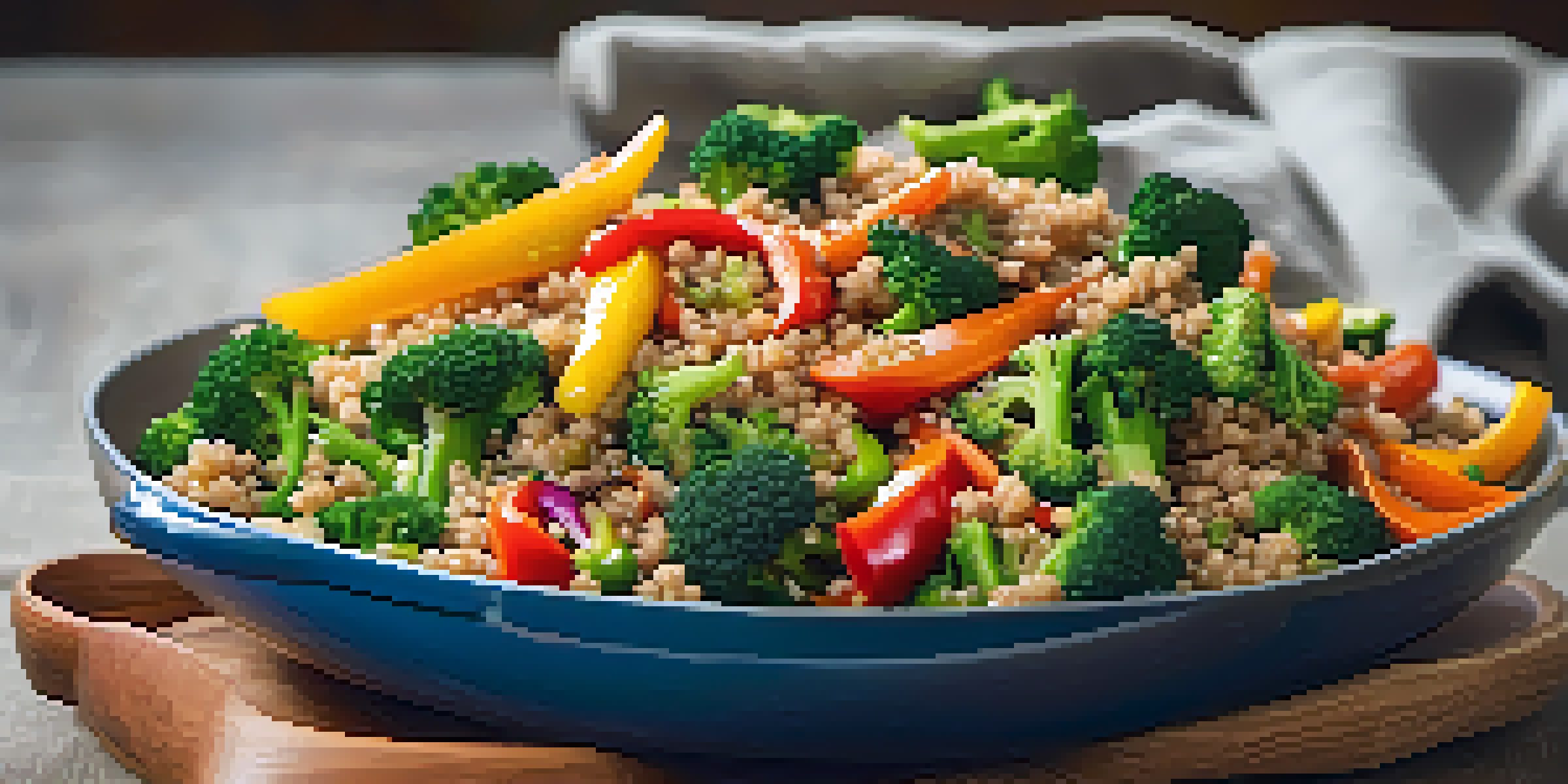 A colorful vegetarian stir-fry with bell peppers, broccoli, and carrots served over quinoa in a rustic kitchen.