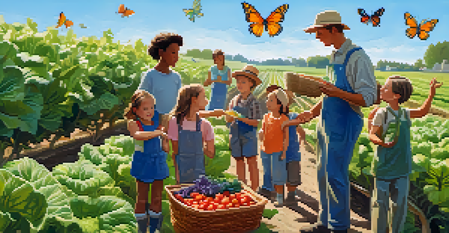 Children participating in a farm tour, learning about sustainable farming from a farmer amidst vibrant crops and butterflies.