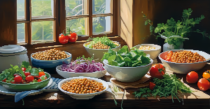 A colorful kitchen scene with various salads and chickpea dishes on a wooden table, illuminated by soft natural light.