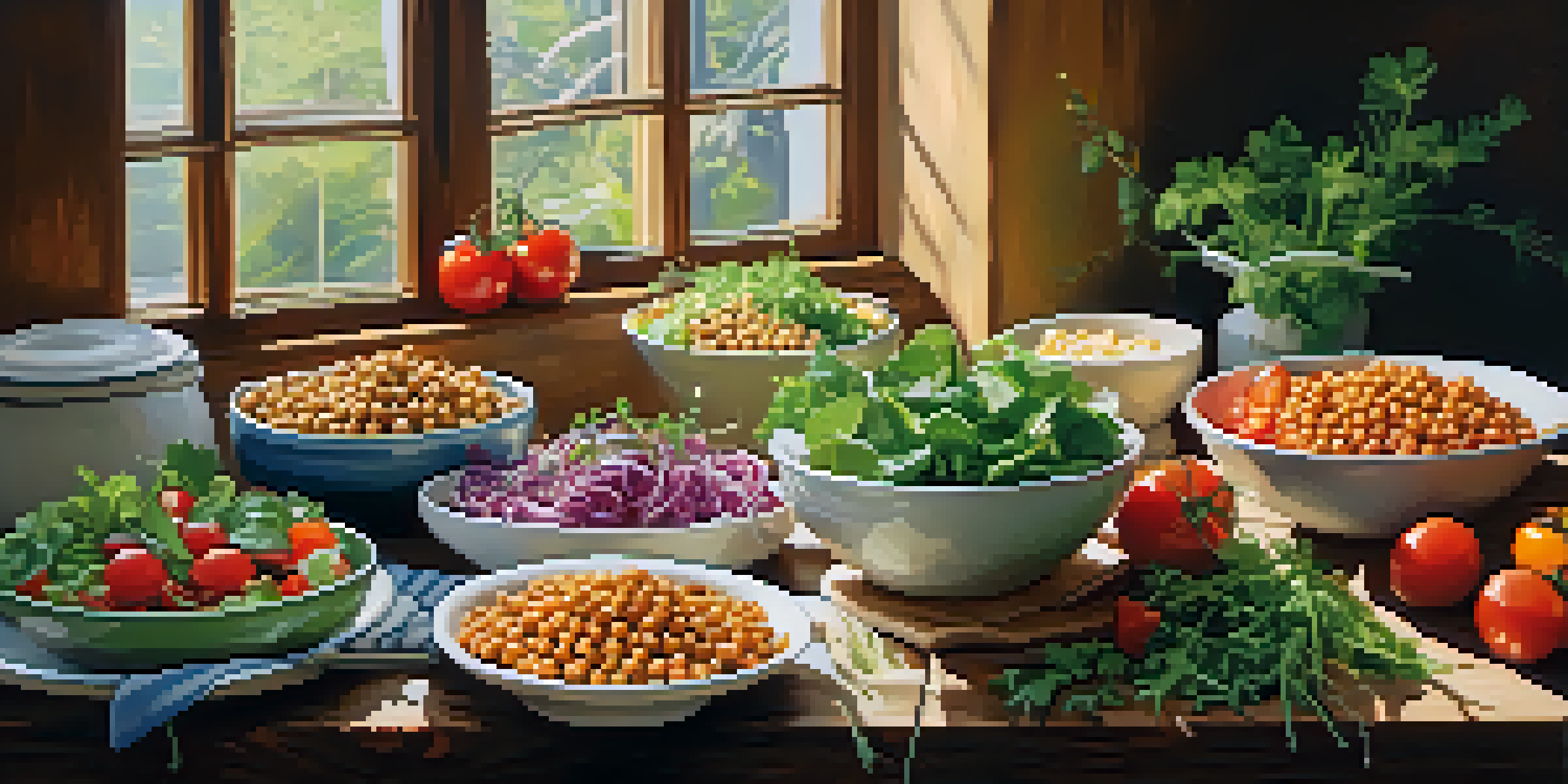 A colorful kitchen scene with various salads and chickpea dishes on a wooden table, illuminated by soft natural light.