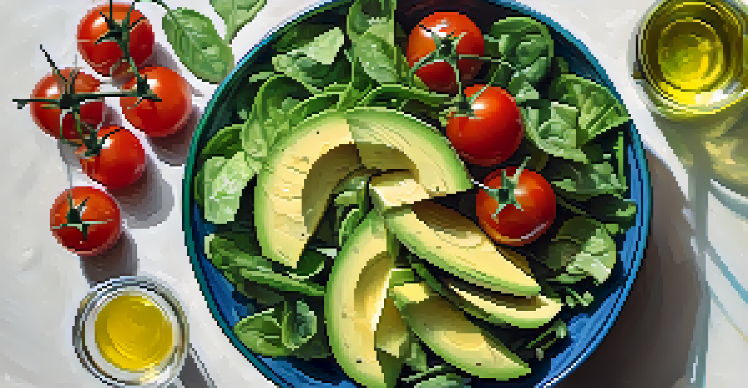 A vibrant salad with mixed greens, cherry tomatoes, cucumbers, and avocado slices, drizzled with avocado oil, viewed from above.