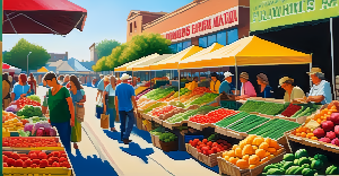 A bustling farmer's market filled with fresh fruits and vegetables, vendors, and shoppers in a sunny setting.