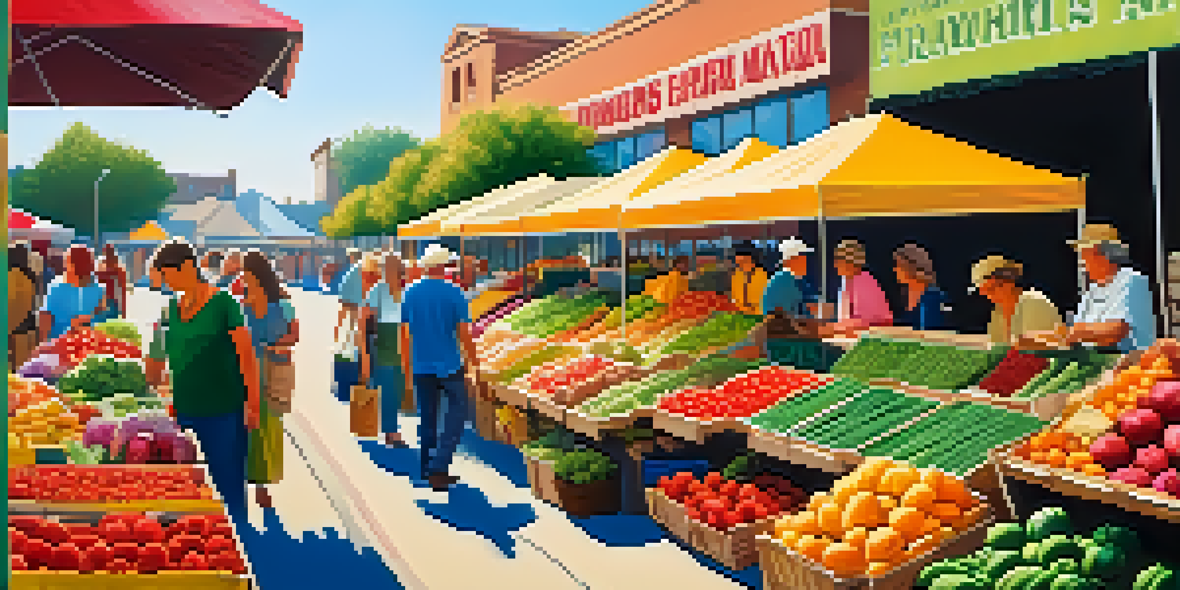 A bustling farmer's market filled with fresh fruits and vegetables, vendors, and shoppers in a sunny setting.