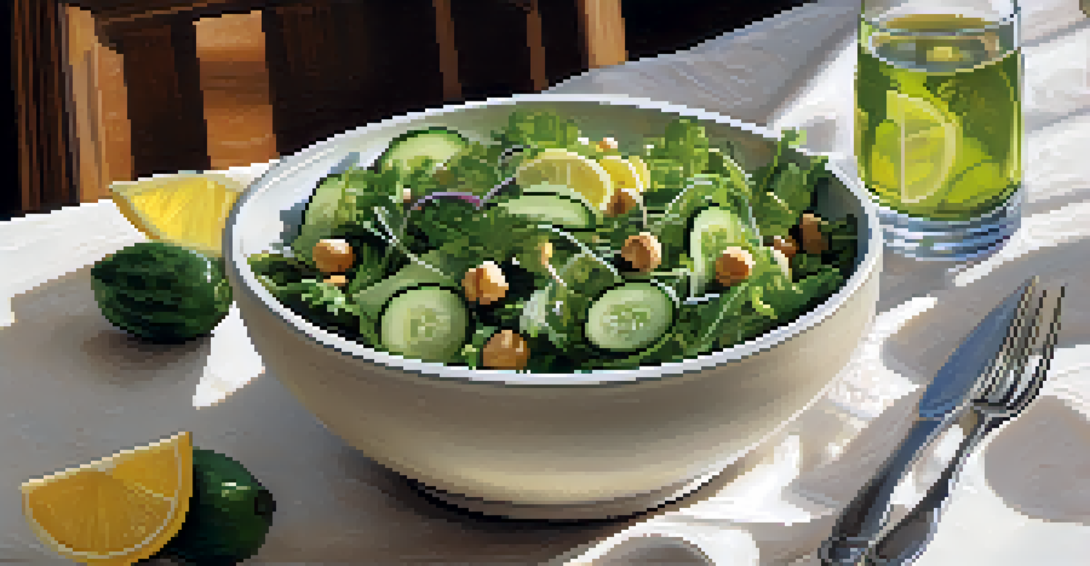A refreshing salad made of mixed greens, chickpeas, cucumber, and lemon vinaigrette, served in a rustic bowl on a light-colored tablecloth.