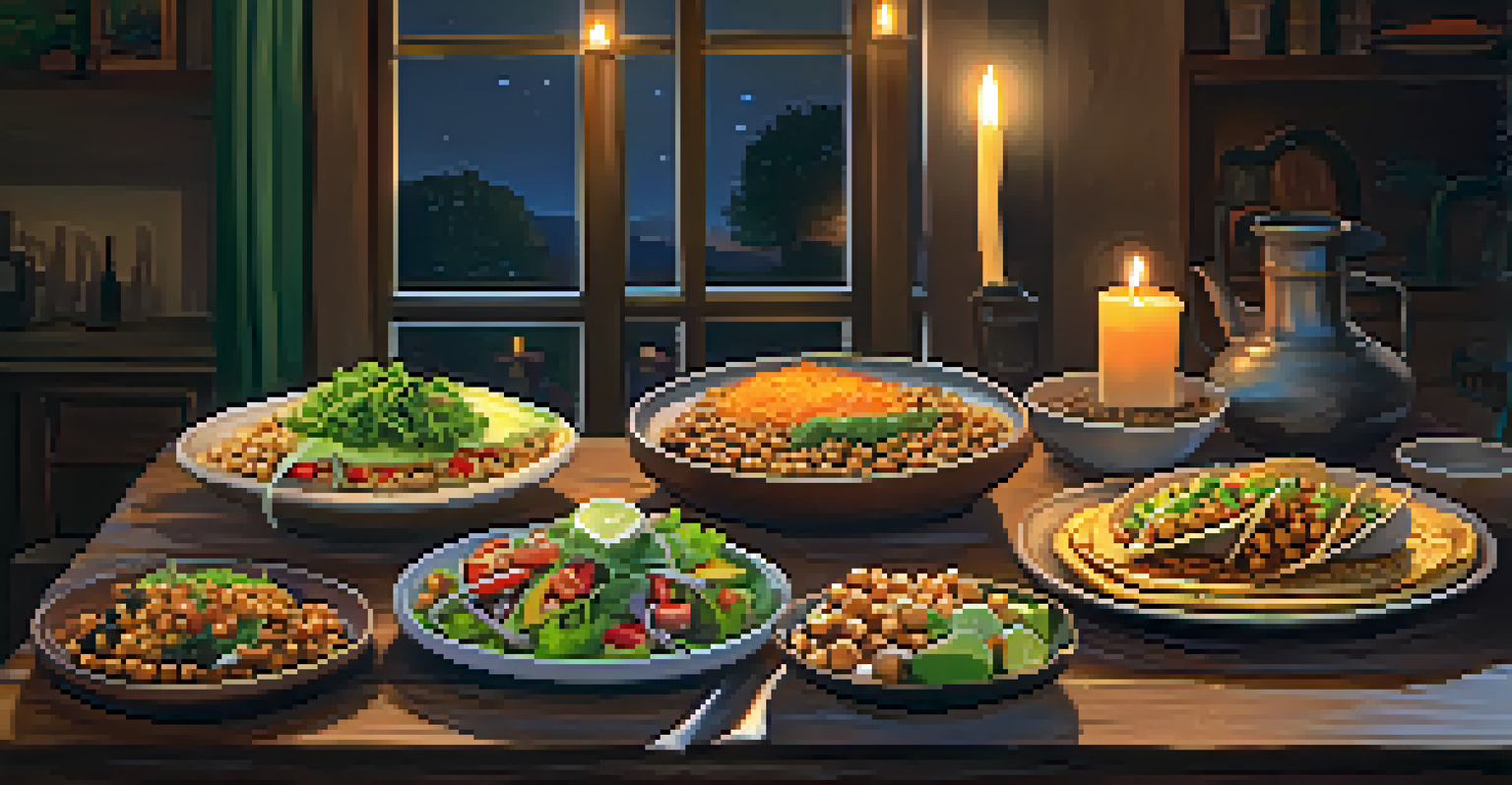 A dining table filled with colorful vegetarian dishes including veggie tacos and salads, illuminated by soft candlelight.