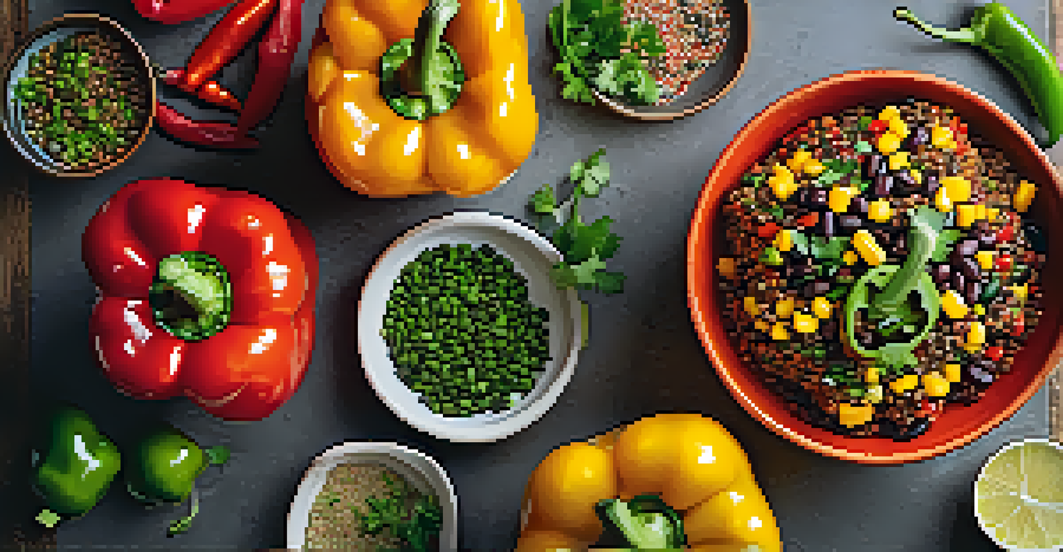 A plate of stuffed peppers filled with quinoa and beans, garnished with cilantro against a bright background.