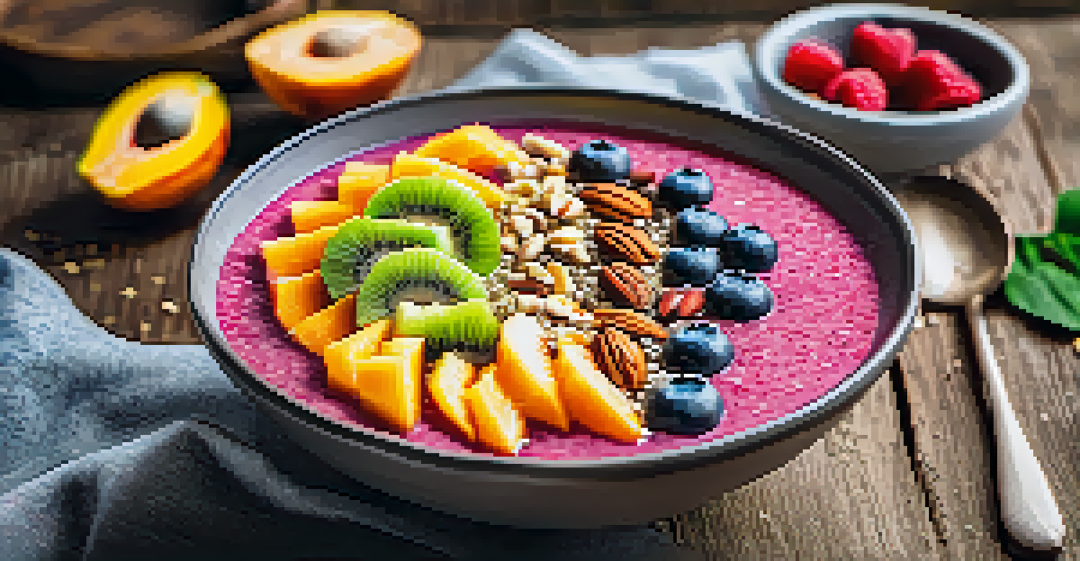 A close-up of a colorful smoothie bowl with fruits and nuts on a wooden table.