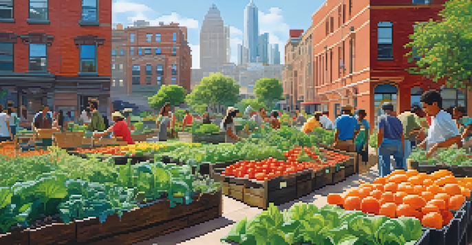 A community garden in an urban setting filled with various vegetables and diverse people caring for the plants under sunlight.