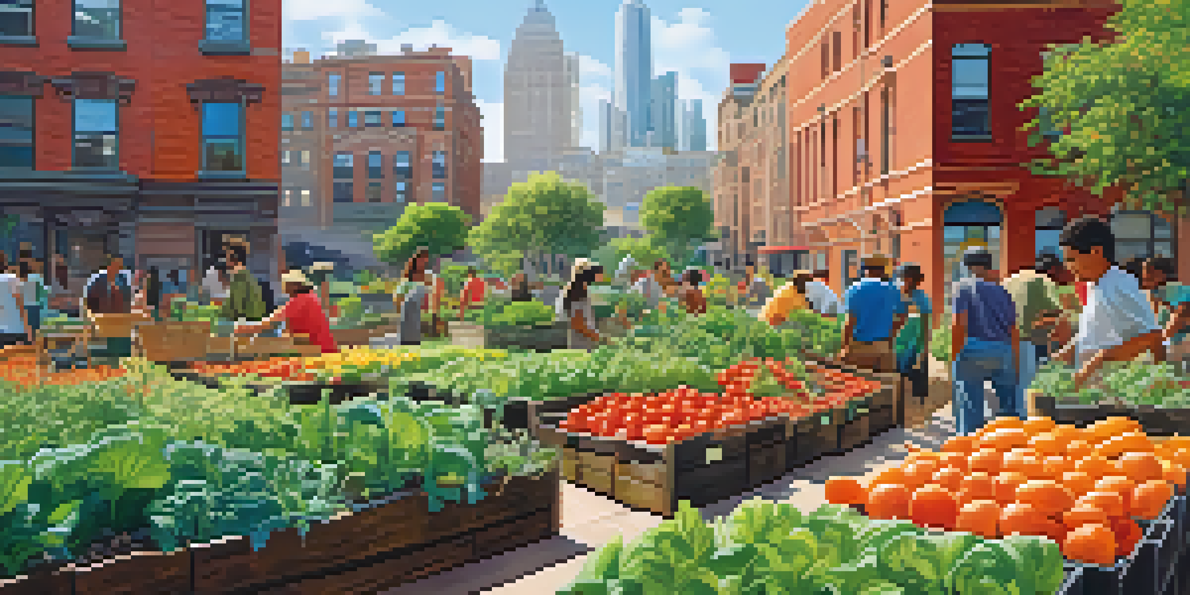 A community garden in an urban setting filled with various vegetables and diverse people caring for the plants under sunlight.