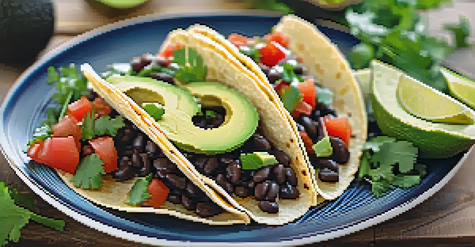 Close-up of black bean tacos topped with avocado, cilantro, and pico de gallo on a decorative plate.